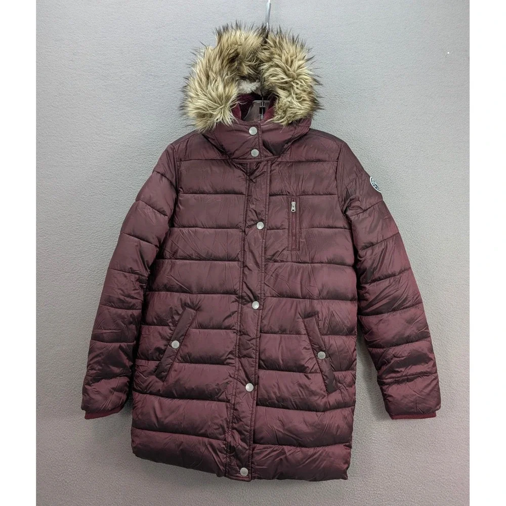 Abercrombie Kids Girls Puffer Coat Hooded Faux Fur Trim Maroon Size 15/16 Winter